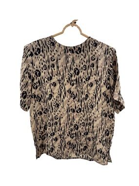 Stunt vintage M Women's 100% Silk Blouse Beige and Black Animal Print leopard